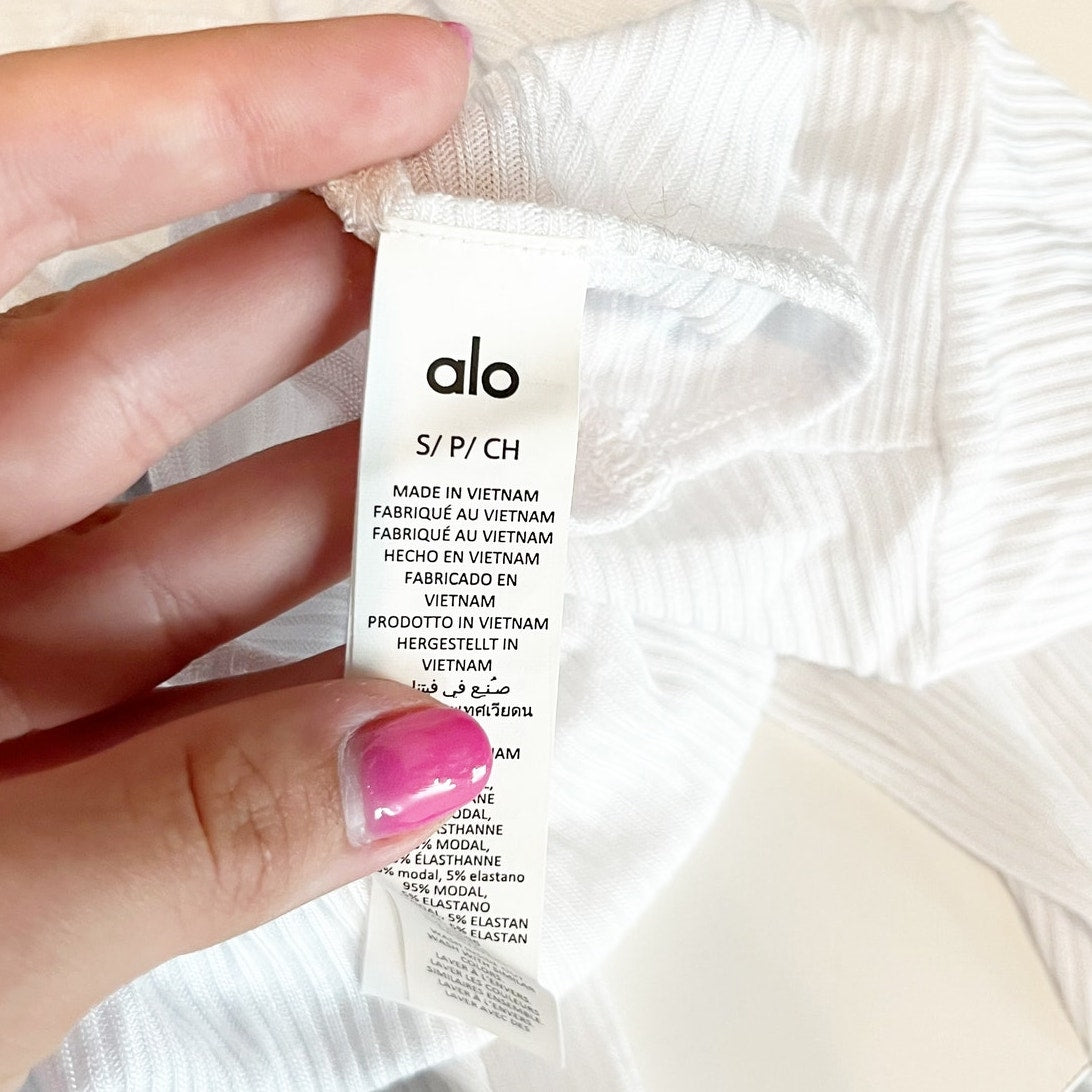 Alo Ribbed Long Sleeve Gather Top Shirt White Small