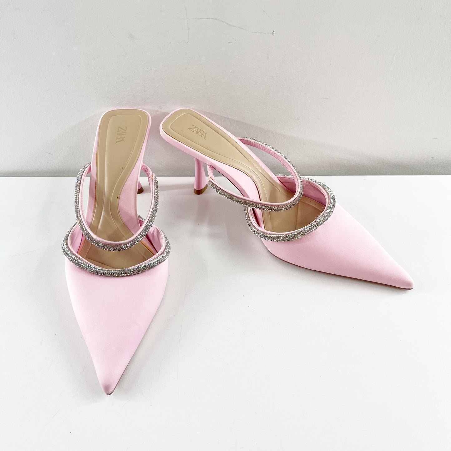 ZARA Pointed Toe Rhinestone Trim Mule Kitten Heel Shoes Pink 40 / 10