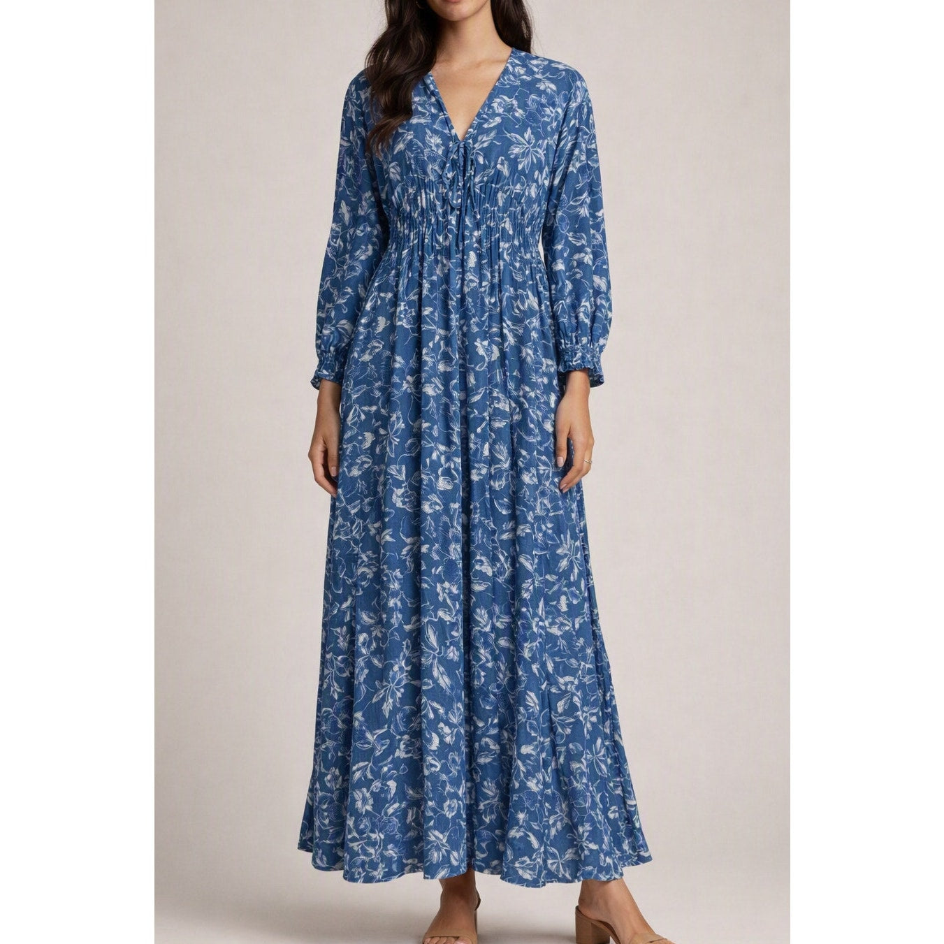 Faherty Long Sleeve Floral Print Maxi Boho Dress Blue Small