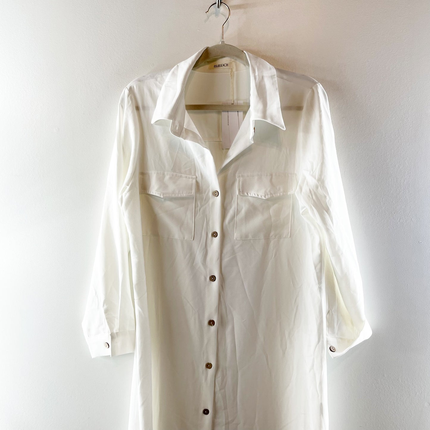 BSUBSEACH Long Sleeve Collared Neck Button-Up Cover-Up Maxi Shirt Dress White M