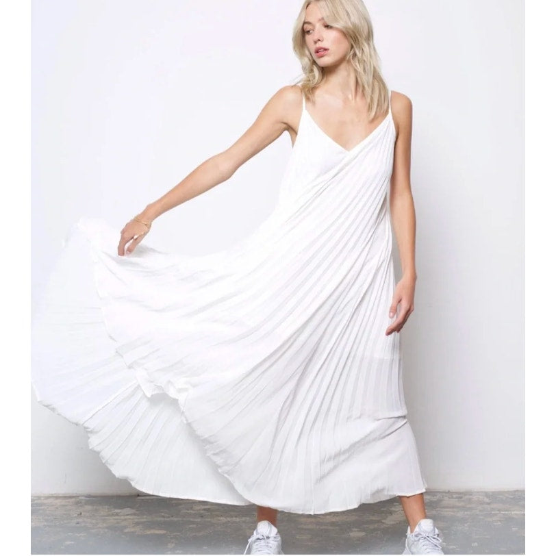Express Pleated Lined Plisse V Neck Sleeveless Maxi Dress White XS