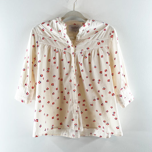 TheShirt Rochelle Behrens Floral 3/4 Sleeve Button Up White Shirt Blouse Small