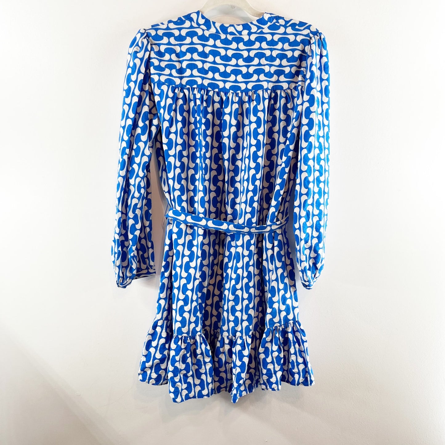 ZARA The Paula Long Sleeve Mini Printed Tie Waist Dress Blue White Small
