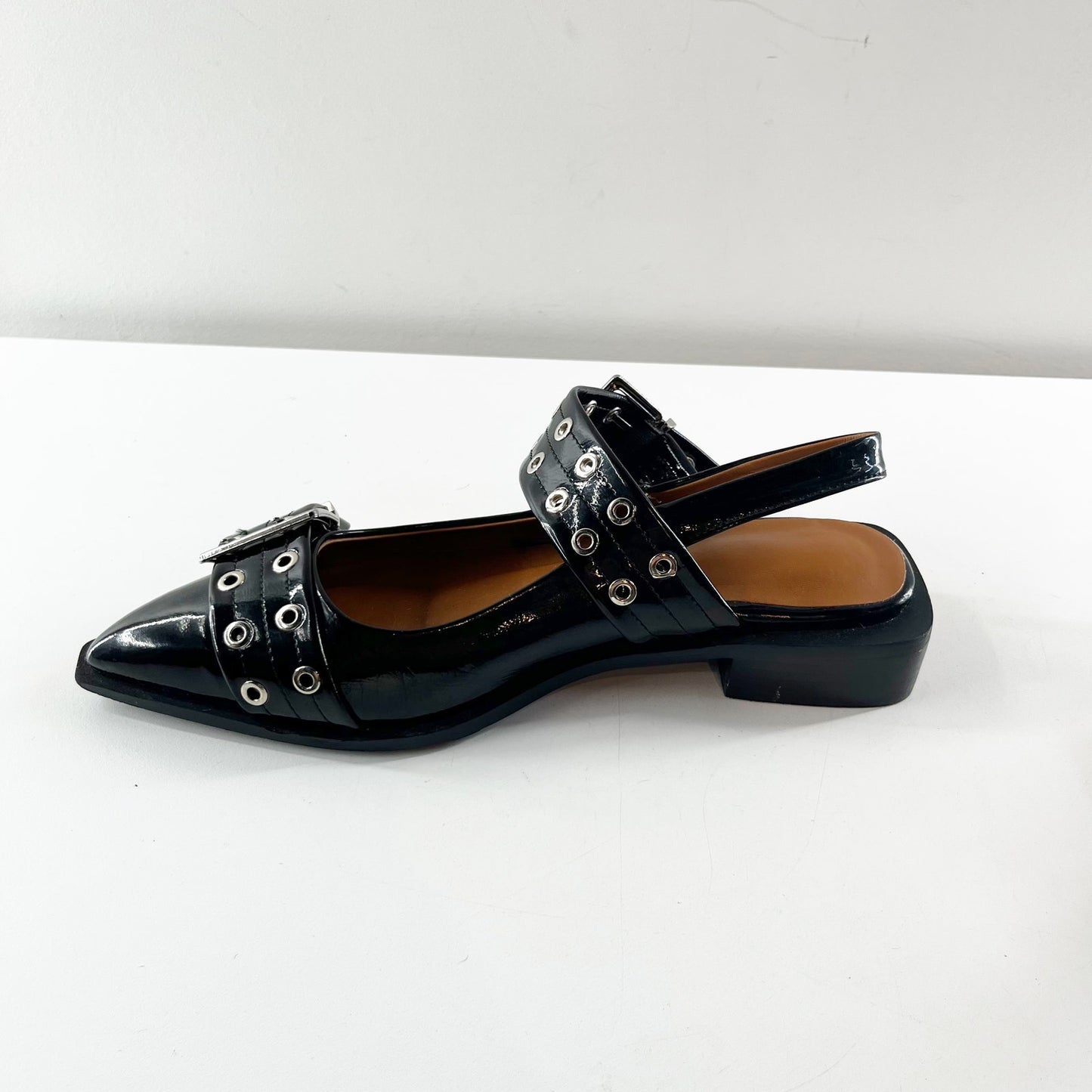 Black Patent Leather Buckle Slip On Pointed Toe Slingback Flat Shoes 39 / 8.5
