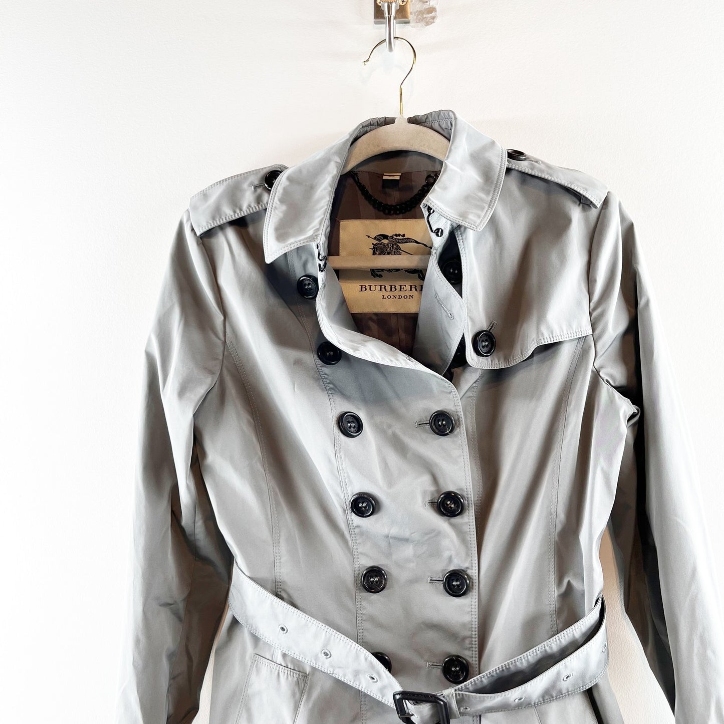 Burberry London Long Sleeve Double Breasted Belted Trench Coat Light Gray 6