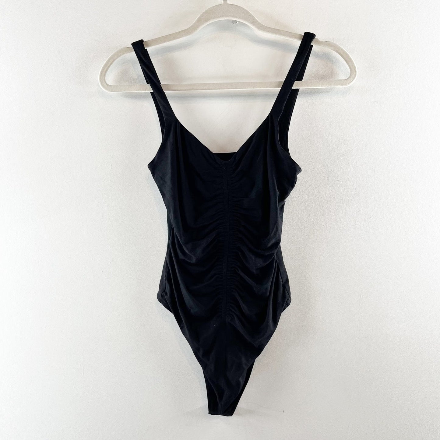 Good American Smocked Front Ruched Tank Top Bodysuit Black Small