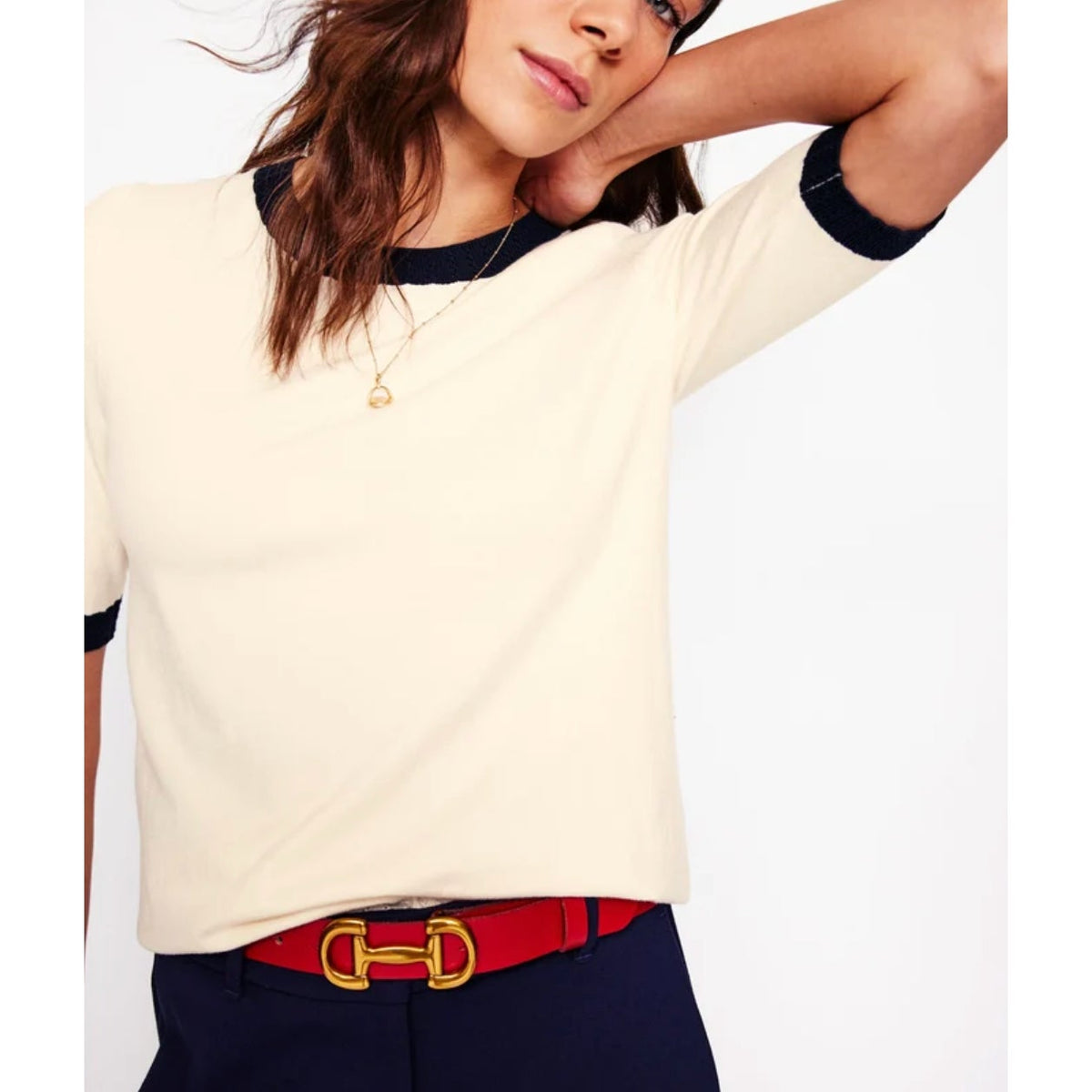 Boden Emilia Cream Blue Ringer Sweater Knit Tee Shirt Top XS
