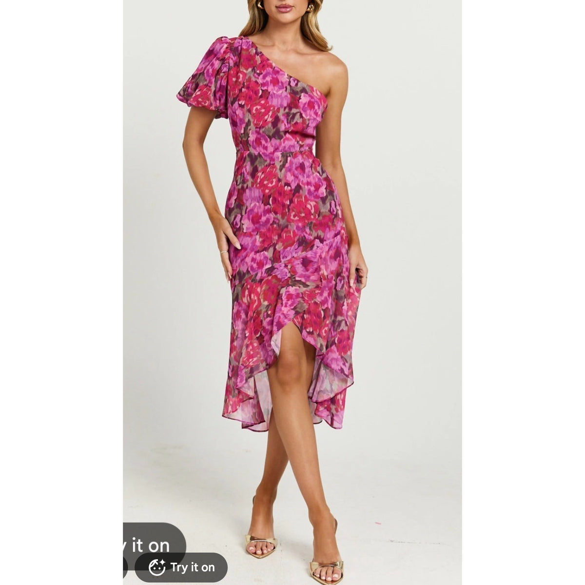 Showpo Clabelle One Puff Sleeve Asymmetrical Floral Midi Dress Pink 4