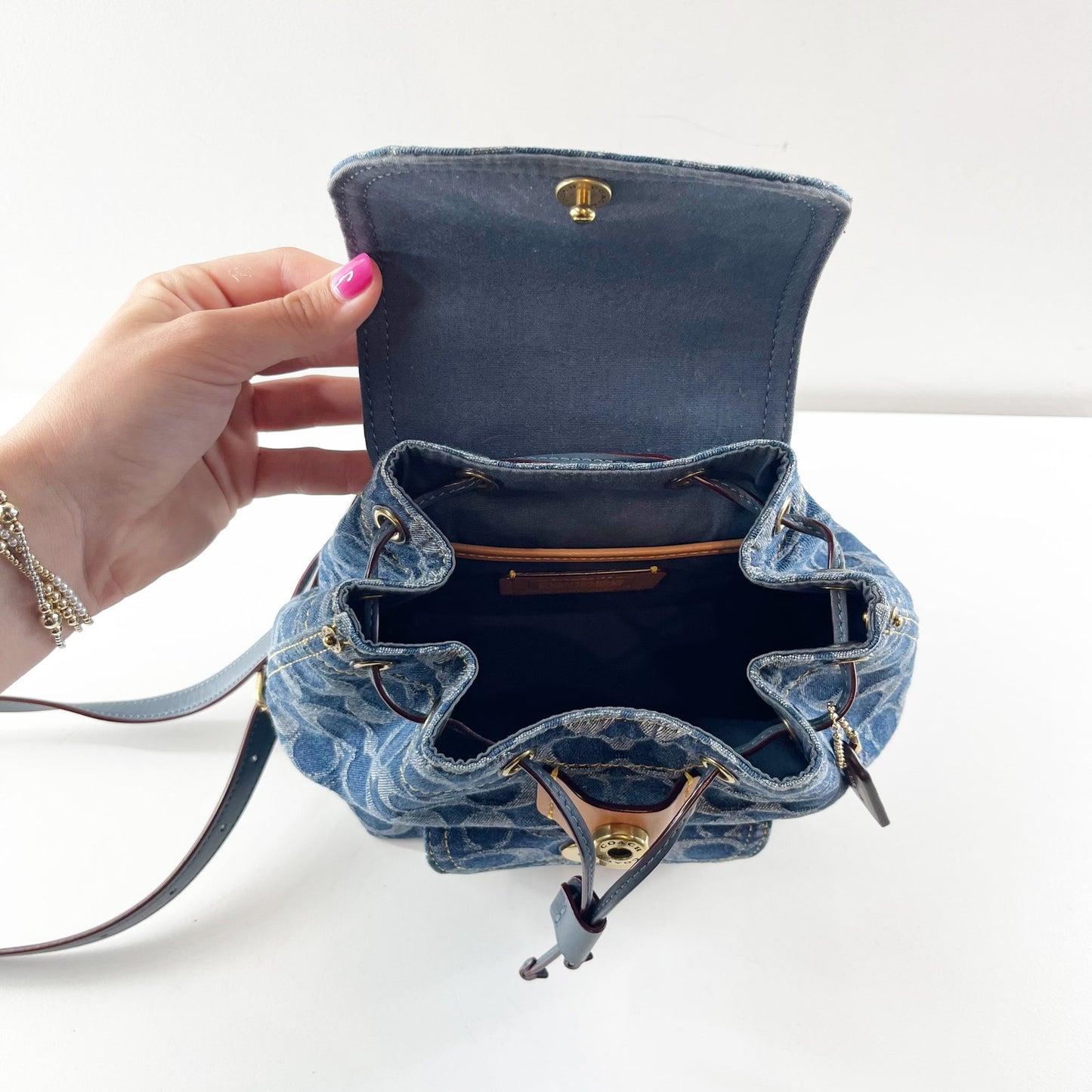 Coach Riya Signature Denim Backpack 21 Blue with Leather Top Handle