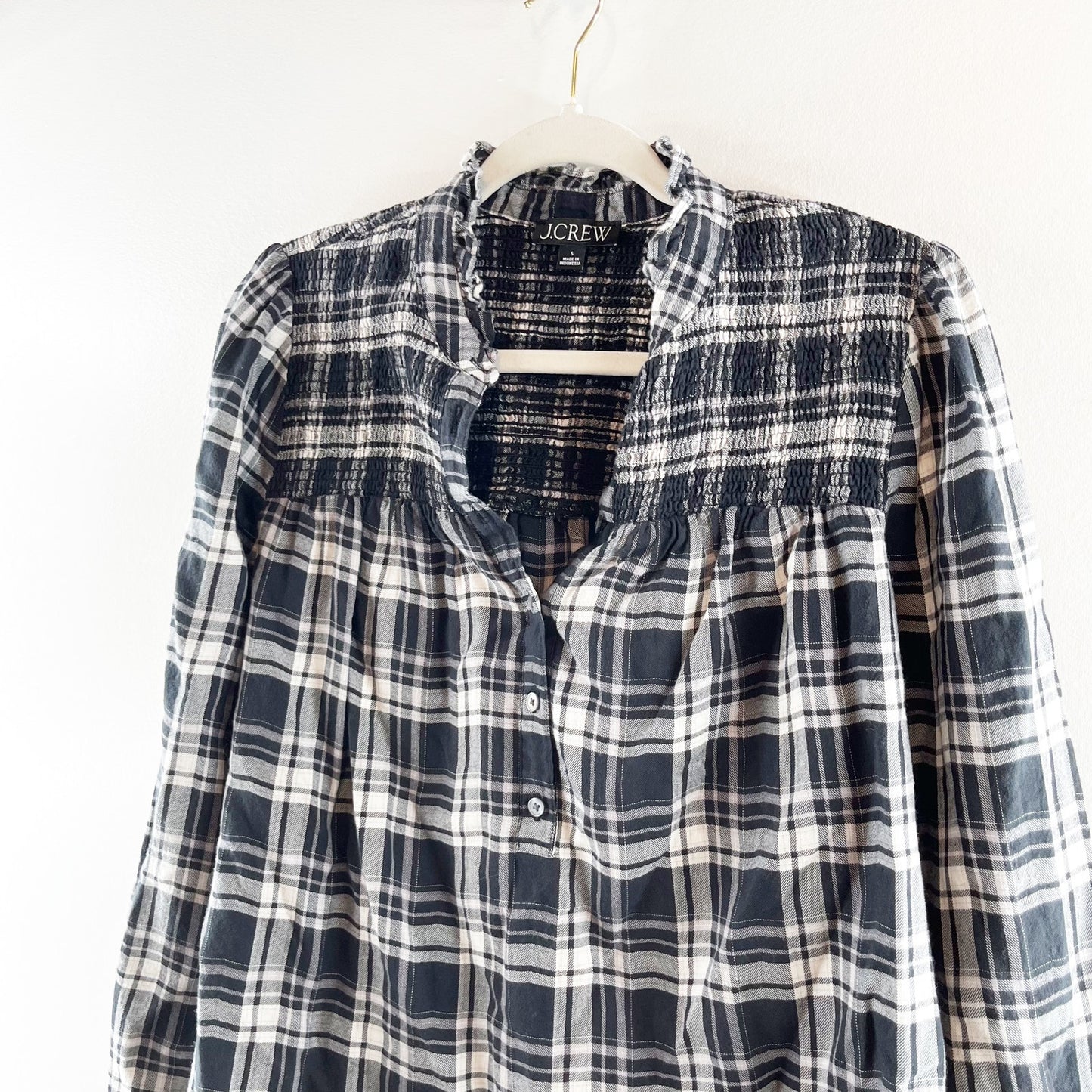 J. Crew Ruffleneck Flannel Popover Blouse Top Berkshire Plaid Black White Small