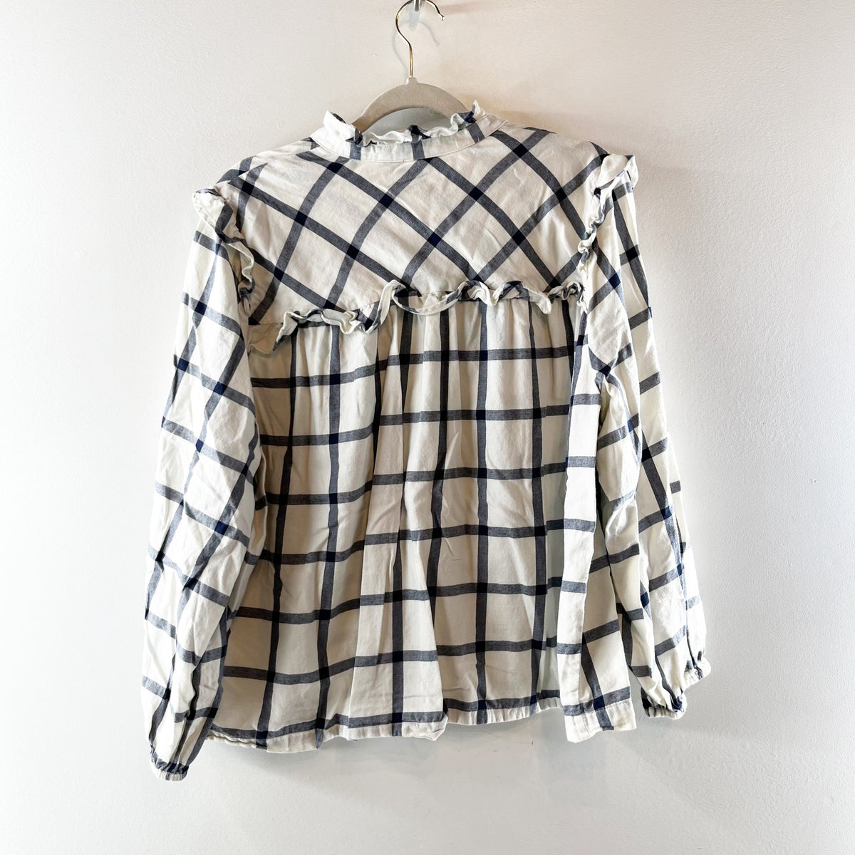 J. Crew Flannel Windowpane Long Sleeve Popover Blouse Top Ivory Navy Blue 2X