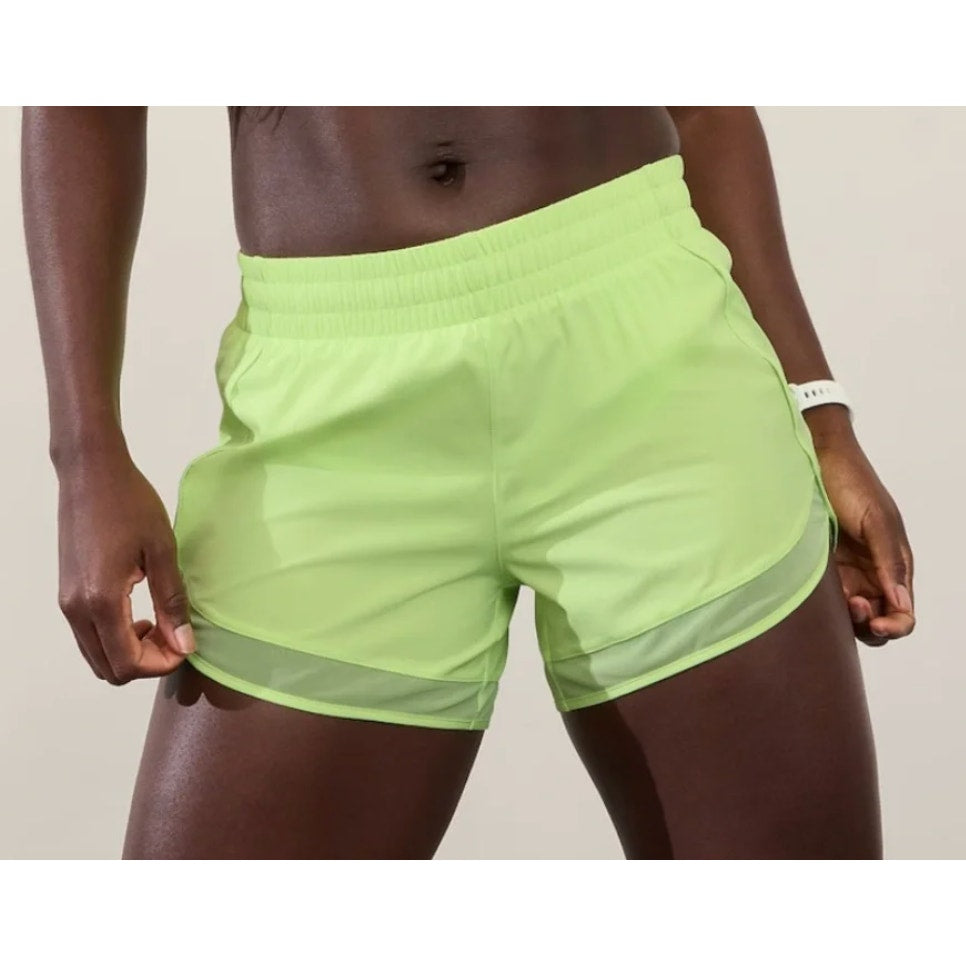 Athleta Mesh Pull On Elastic Waist Mid-Rise Racer Run Short 4" Green Medium
