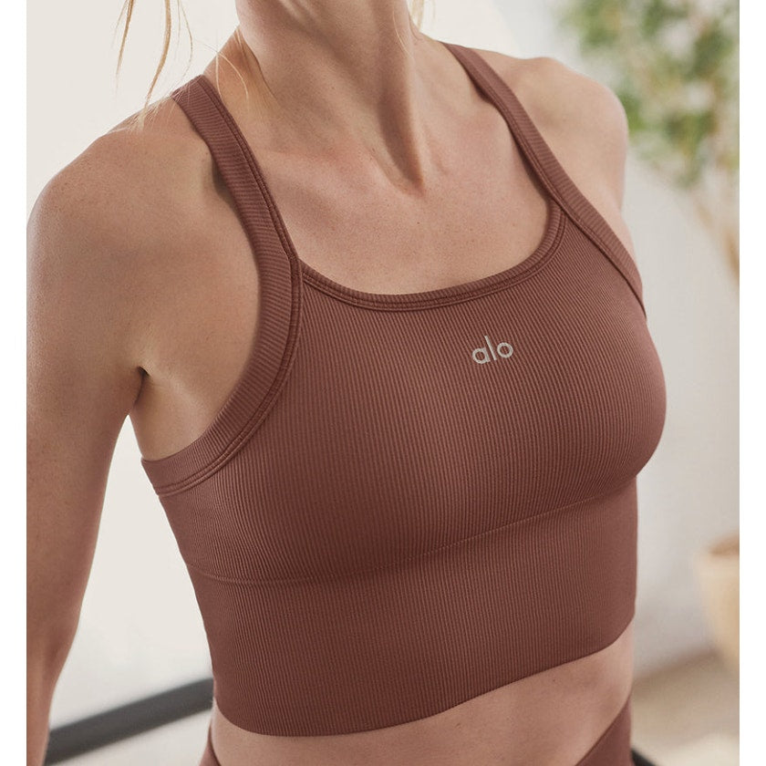 Alo Seamless Ribbed Favorite Bra Tank Cropped Chestnut Brown Small