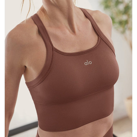 Alo Seamless Ribbed Favorite Bra Tank Cropped Chestnut Brown Small