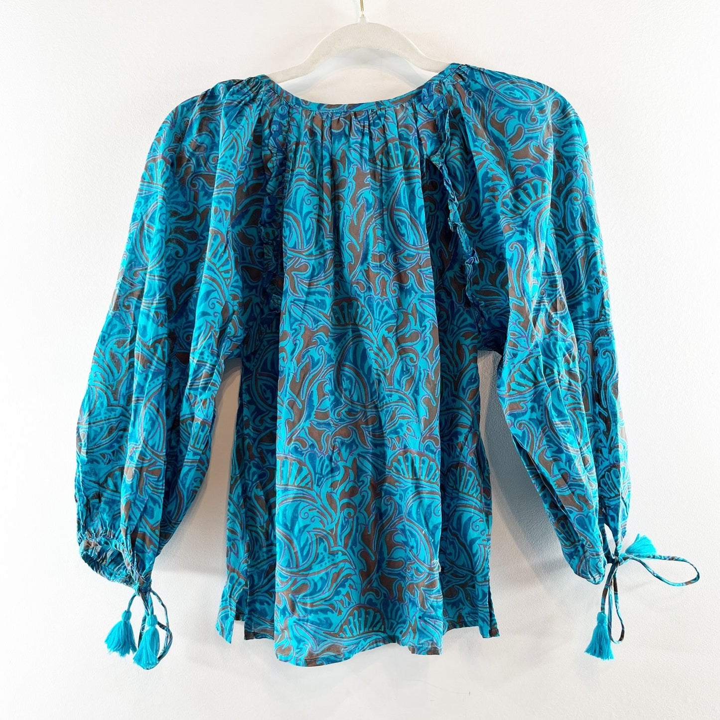 Cleobella Jayda 3/4 Sleeve Blouse in Zuri Block Print Teal Turquoise Green Blue