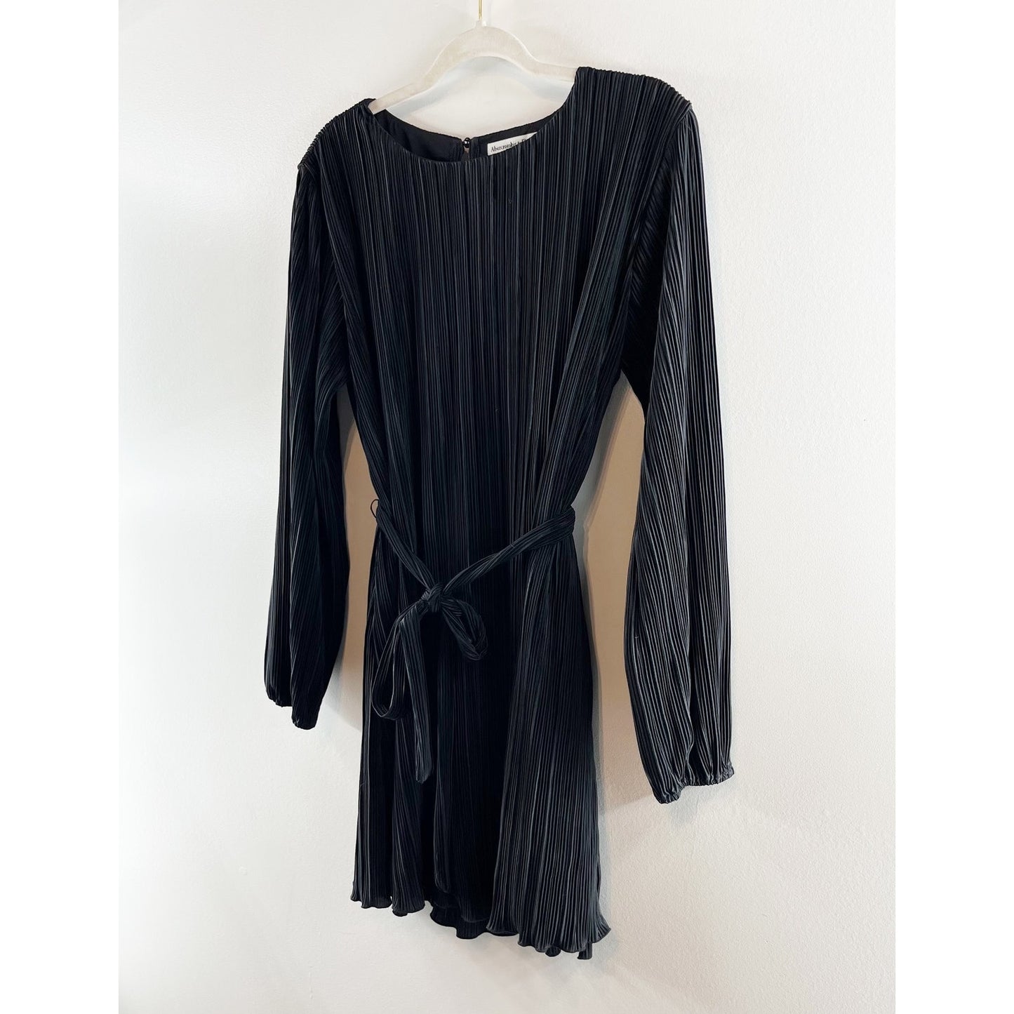 Abercrombie Satin Long Sleeve Plisse Belted Mini Dress Black Medium