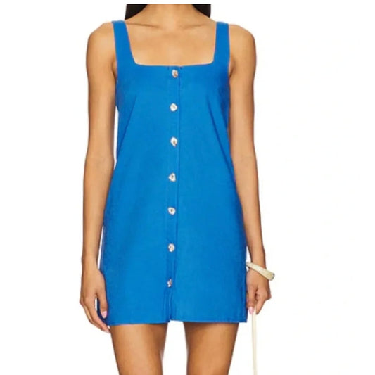 SNDYS Shelley Button Up Square Neck Mini Dress Blue XS