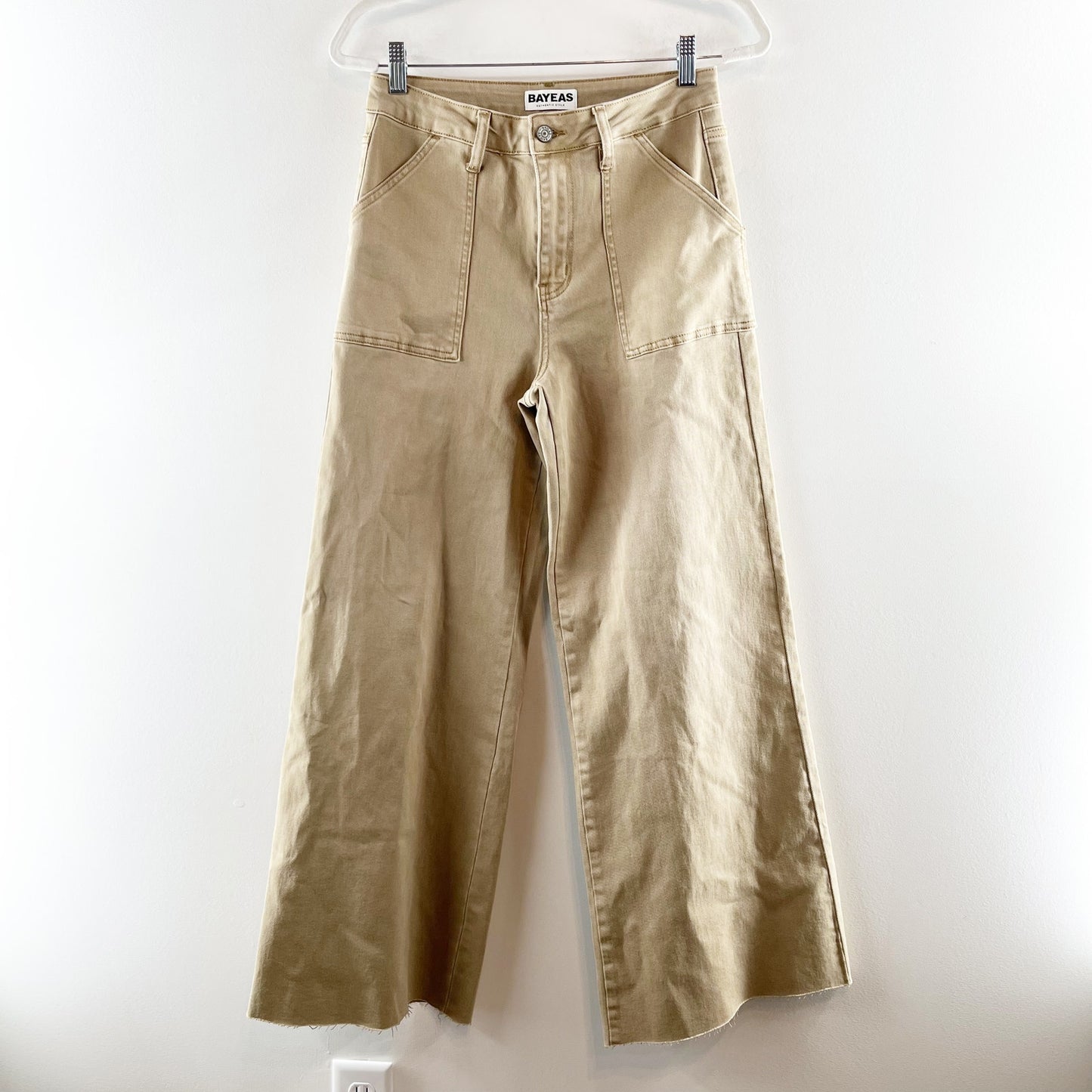 Bayeas Raw Hem High Waist Utility Wide Leg Jeans Faded Khaki Tan 28