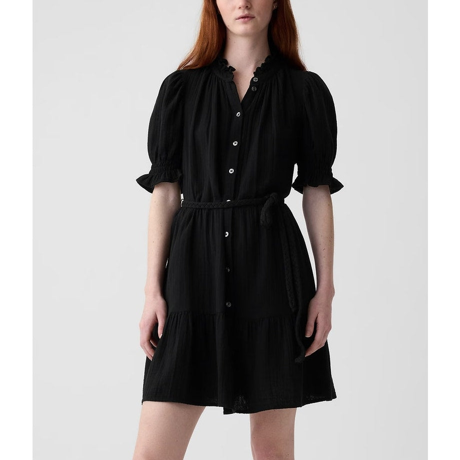 GAP Short Puff Sleeve Belted Crinkle Gauze Tiered Mini Dress Black Small