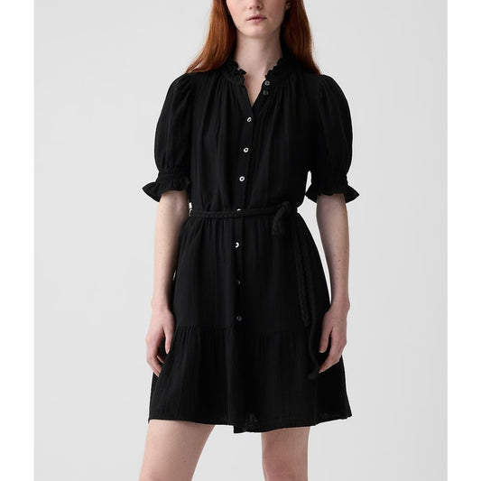 GAP Short Puff Sleeve Belted Crinkle Gauze Tiered Mini Dress Black Small