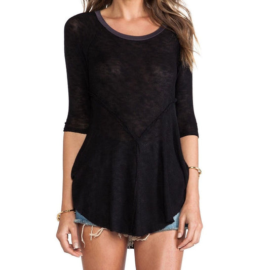 Free People Intimately Sheer Three Quarter Sleeve Weekend Layering Top Black XS