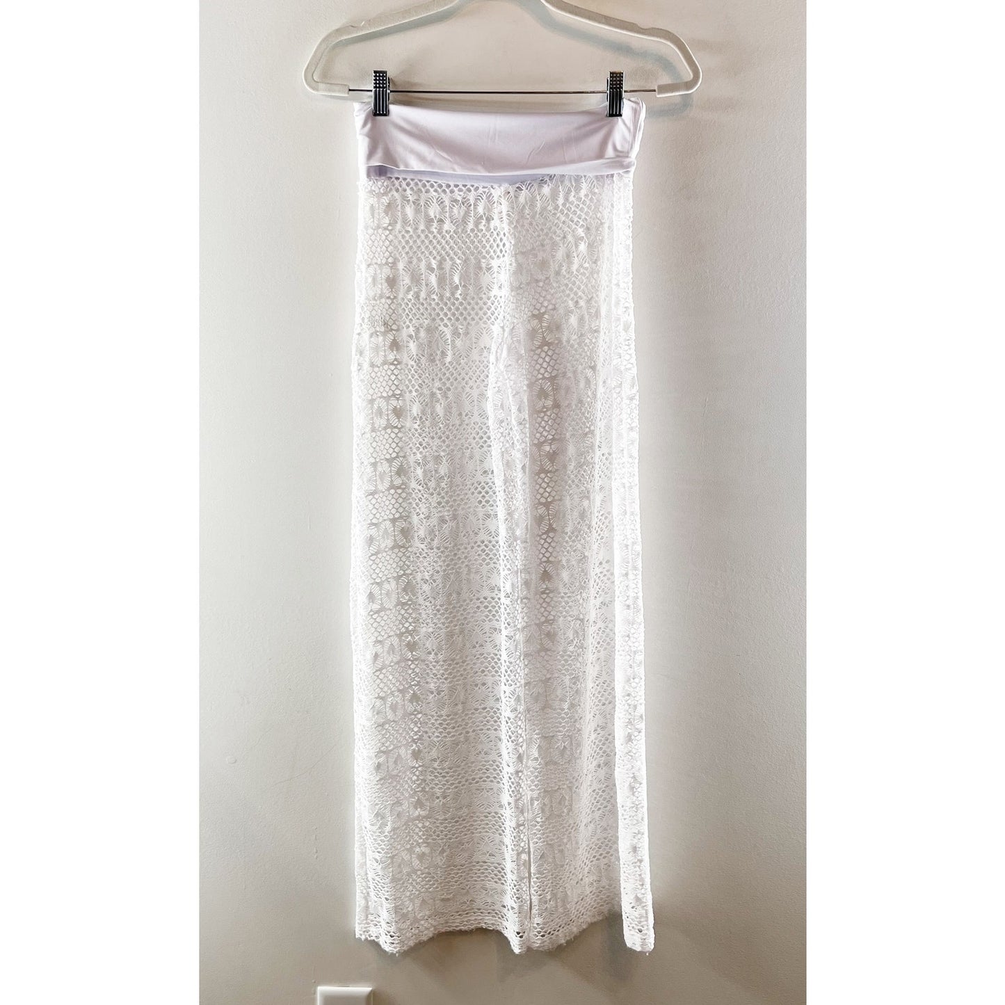 Paradise Low Rise Foldover Waist Lace Sheer Beach Cover Up Pants White Small