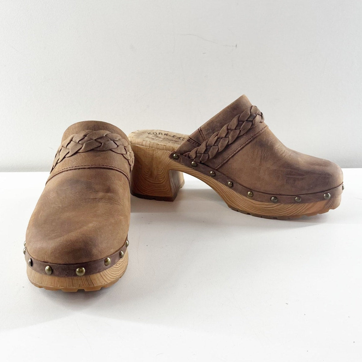 Kork Ease Tilly Braided Trim Leather Slip On Block Heel Clogs Brown 7