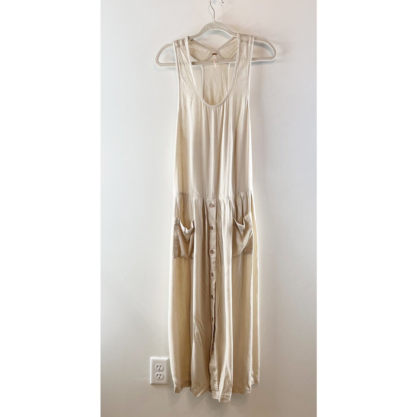 Free People Runaway With Me Linen Blend Racerback Maxi Dress Tan Beige XS