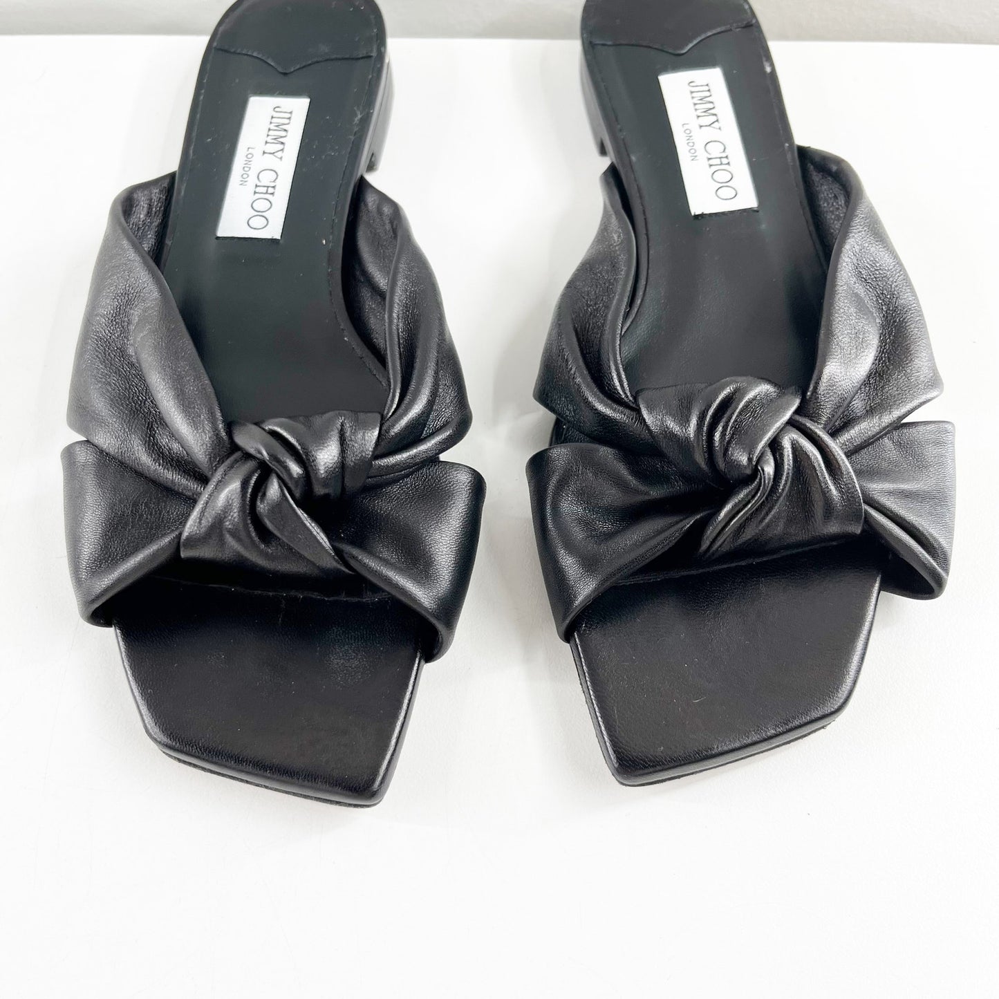 Jimmy Choo Avenue Leather Flat Slide Knot Sandals Black 38.5