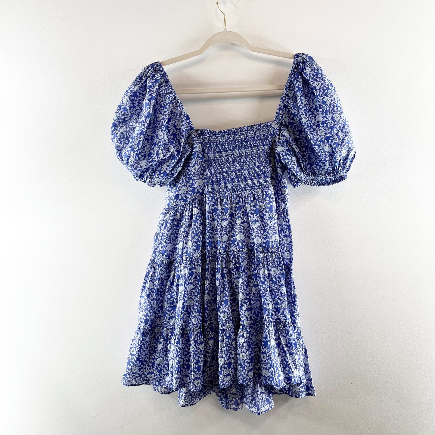 ZARA Printed Short Puff Sleeve Mini Babydoll Dress Blue Small