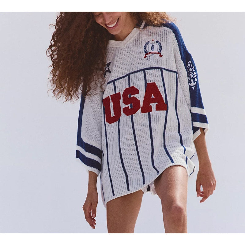 FP Movement Match Day USA Crochet Sweater Polo Jersey Red White Blue Large