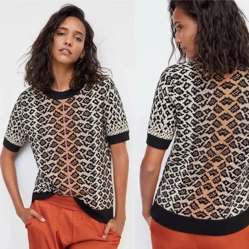 Anthropologie Maeve Ellinor Short Sleeve Leopard Sweater Brown Black XL