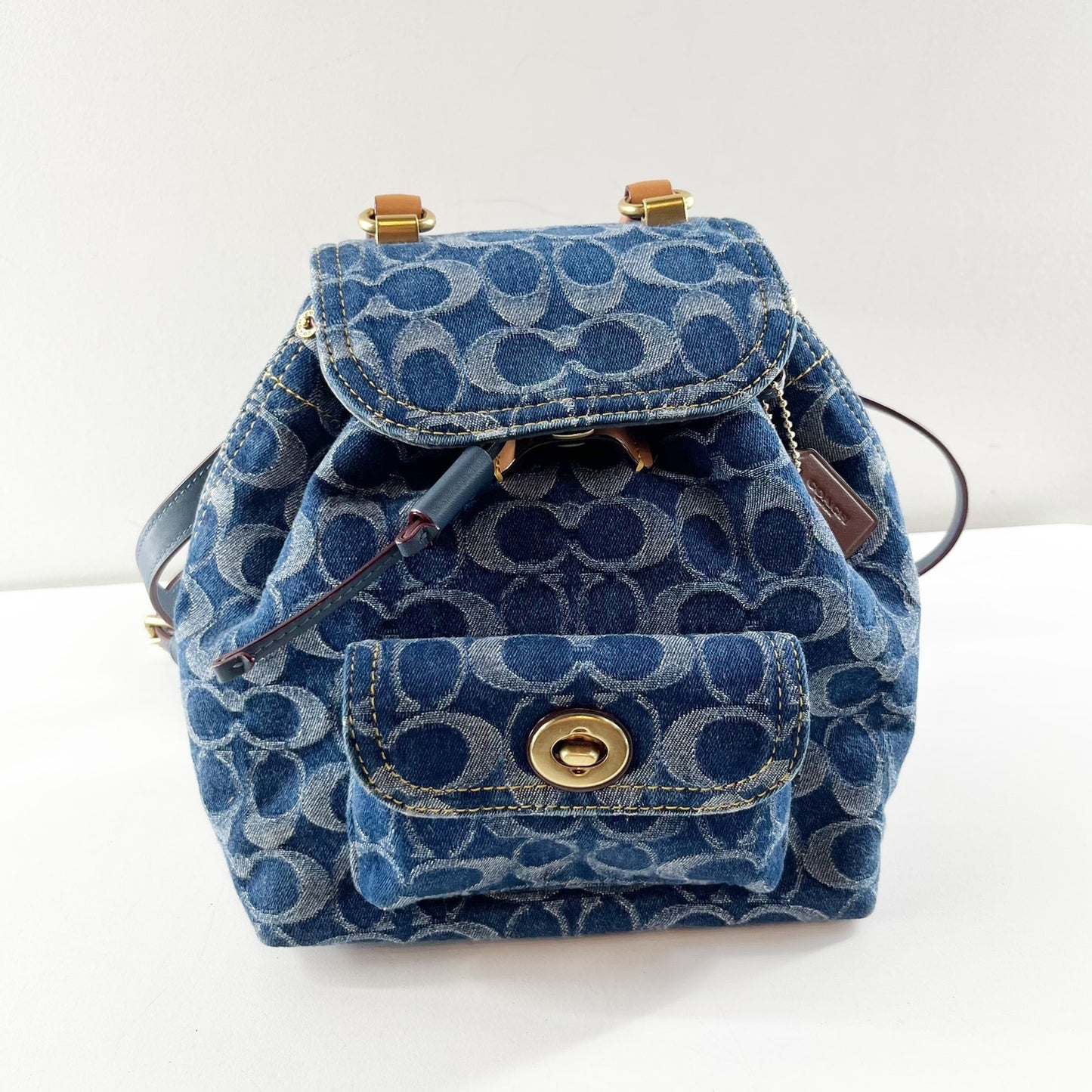 Coach Riya Signature Denim Backpack 21 Blue with Leather Top Handle