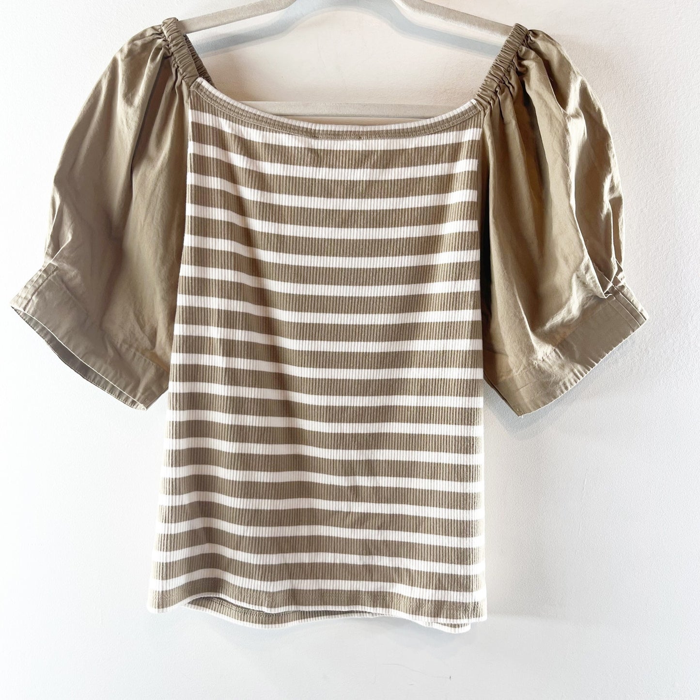 J. Crew Short Puff Sleeve Striped Ribbed Top Tee Shirt Tan Cream Large