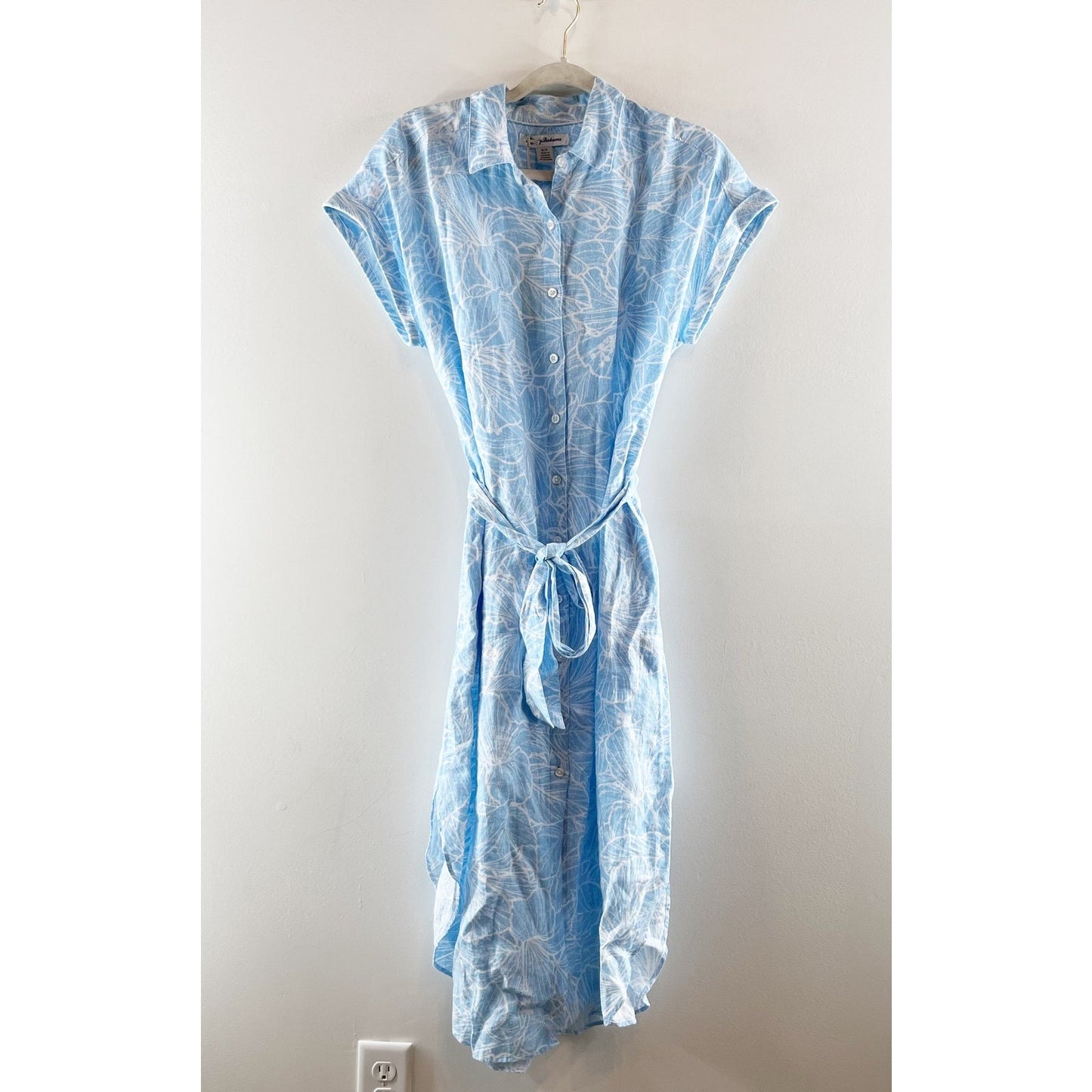 Tommy Bahama Coastalina Hightide Hibiscus Linen Midi Shirt Dress Blue Small