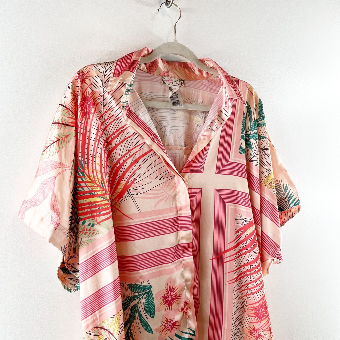 Free People Short Sleeve Button Up Tropical Tunic Blouse Pink One Size