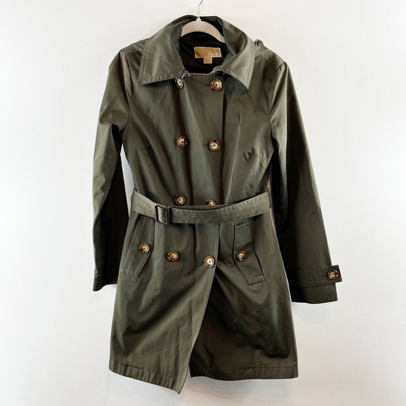 Michael Kors Belted Double Breasted Hooded Trench Coat Olive Green Small