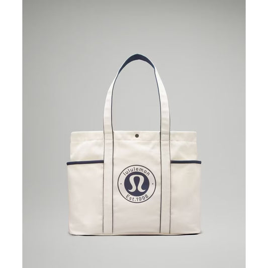 Lululemon Daily Multi-Pocket Canvas Tote Bag 20L Logo Natural Cream Navy Blue