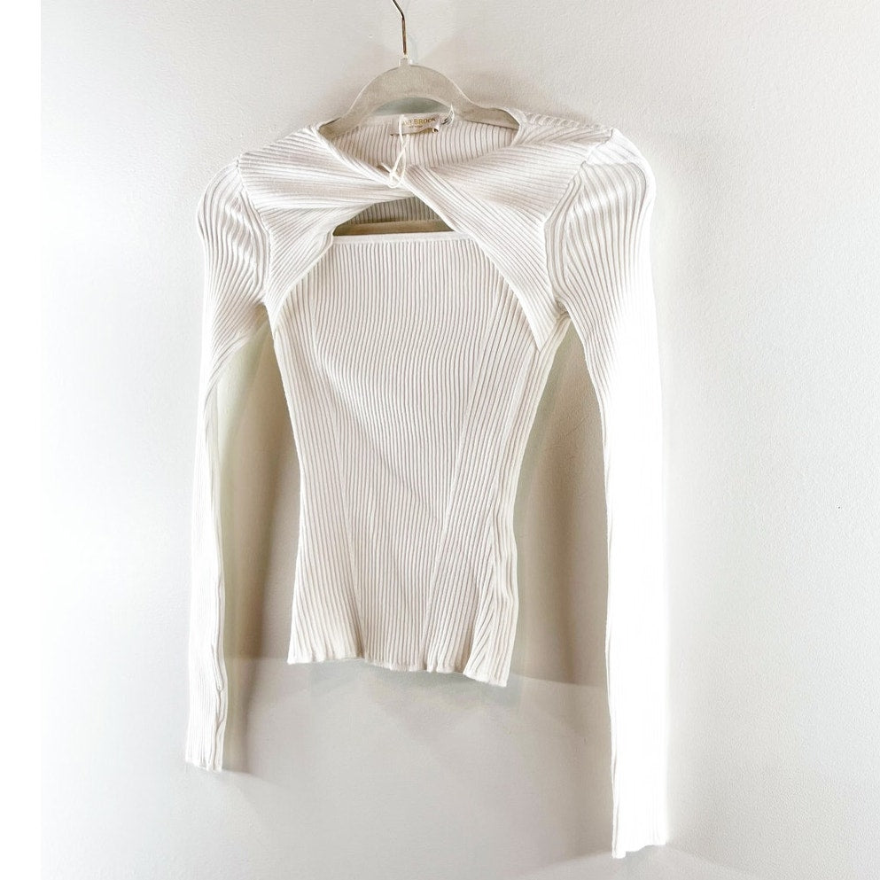 Ramy Brook Twist Detail Cut Out Long Sleeve Fitted Knit Sweater White XXS