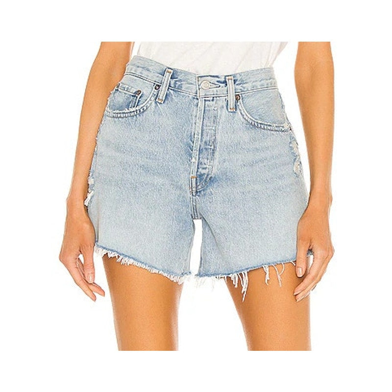 Agolde Parker Mid-Rise Distressed Denim Long Jean Short Parade 27