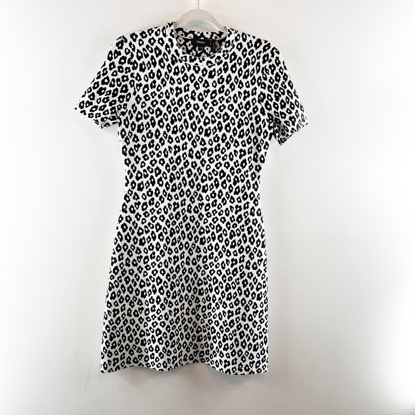 Theory Leopard Print Short Sleeve Round Neck Knit Mini Dress Black/White Medium