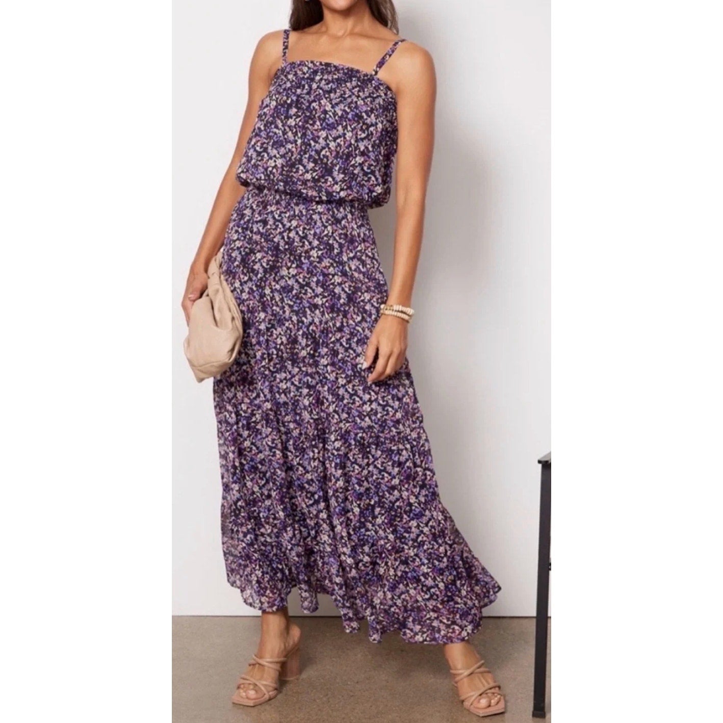 Evereve Fiona Square Neck Floral Sleeveless Maxi Dress Purple XS
