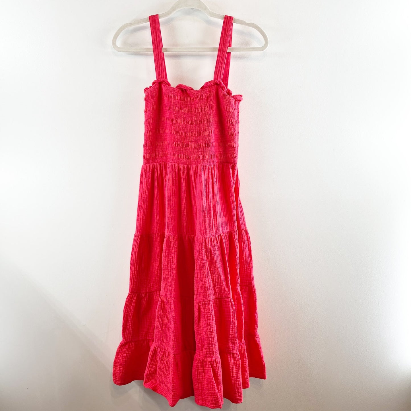 C&C California Smocked Gauzy Cotton Tiered Midi Dress Red Small