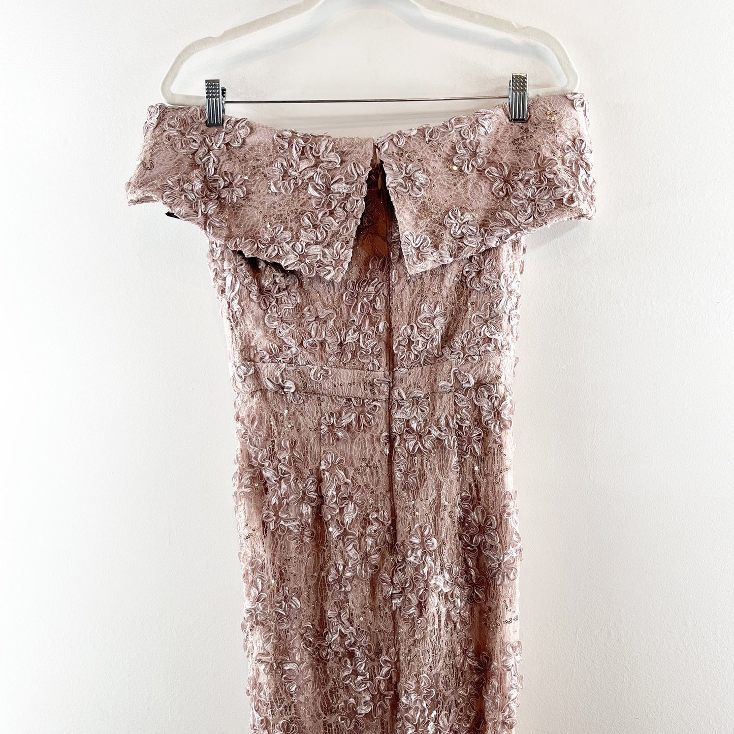 Xscape Jill Off The Shoulder Lace A Line Long Evenings Gown Taupe Pink 4