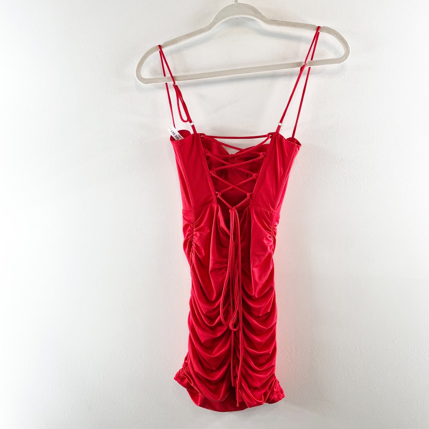 Lucy in The Sky Open Strappy Back Ruched Mini Dress Red XS