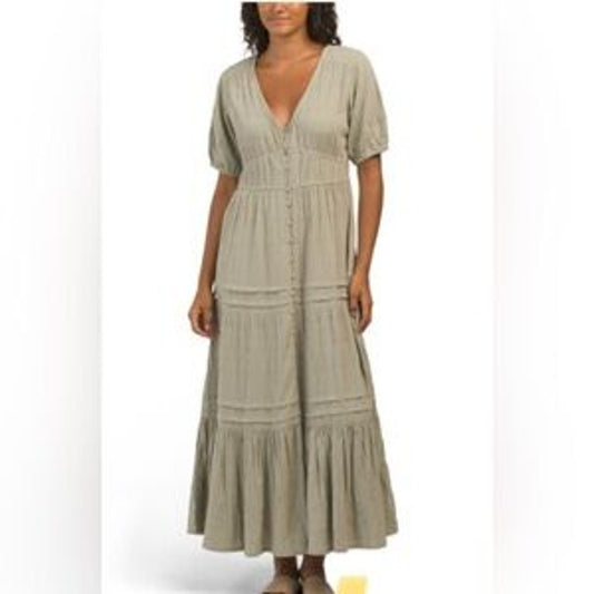 Lucky Brand Cotton Button Up Tiered Short Sleeve Maxi Dress Green Large