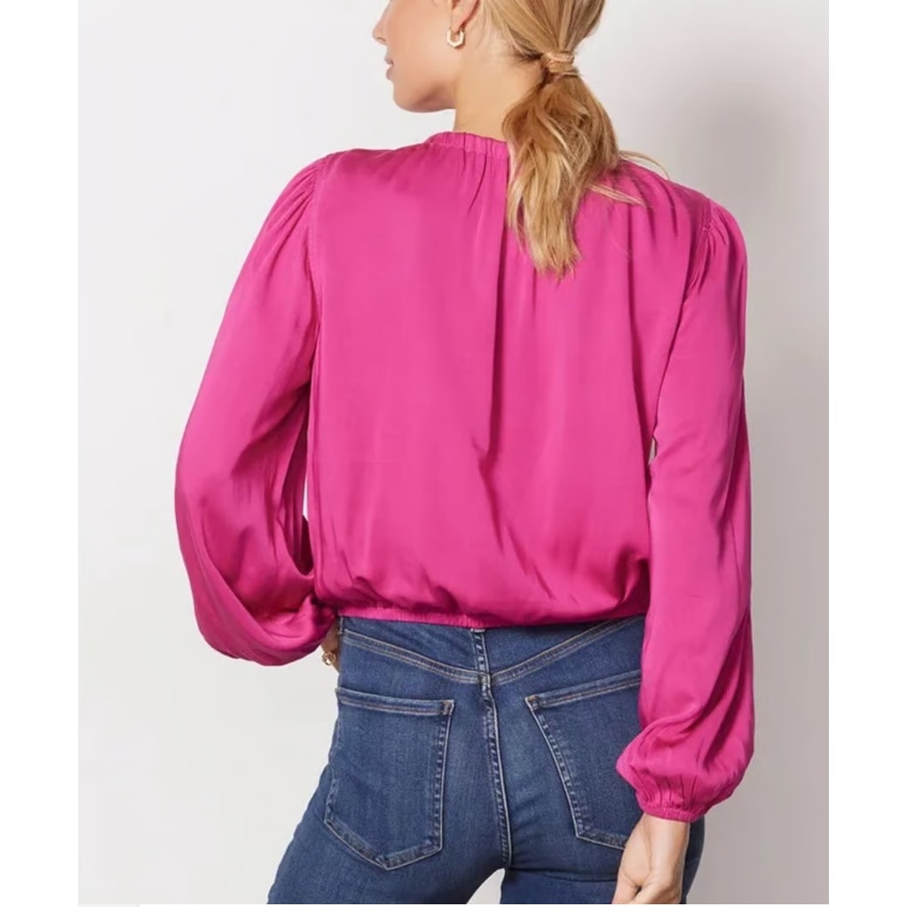 Cloth & Stone Lux Satin Balloon Sleeve Round Neck Banded Blouse Top Pink Small