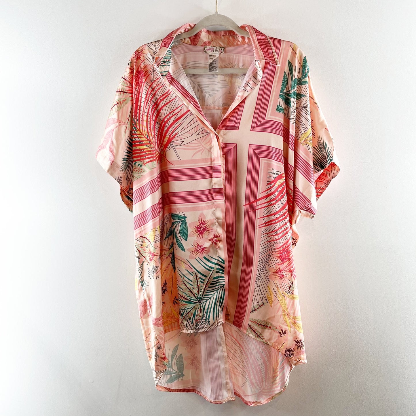 Free People Short Sleeve Button Up Tropical Tunic Blouse Pink One Size