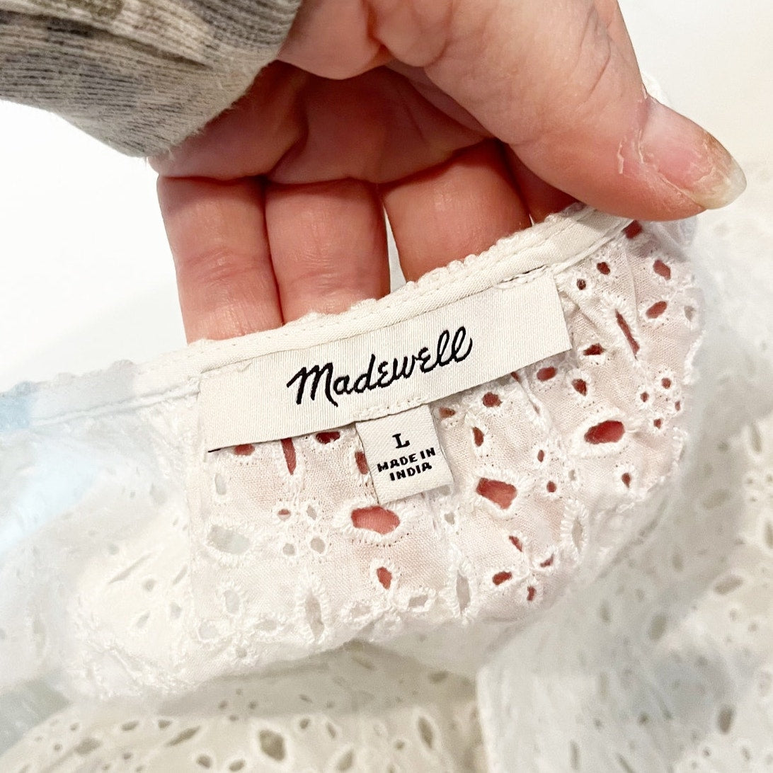 Madewell Tie Front Flutter Short Sleeve Eyelet Top in Soft White Large