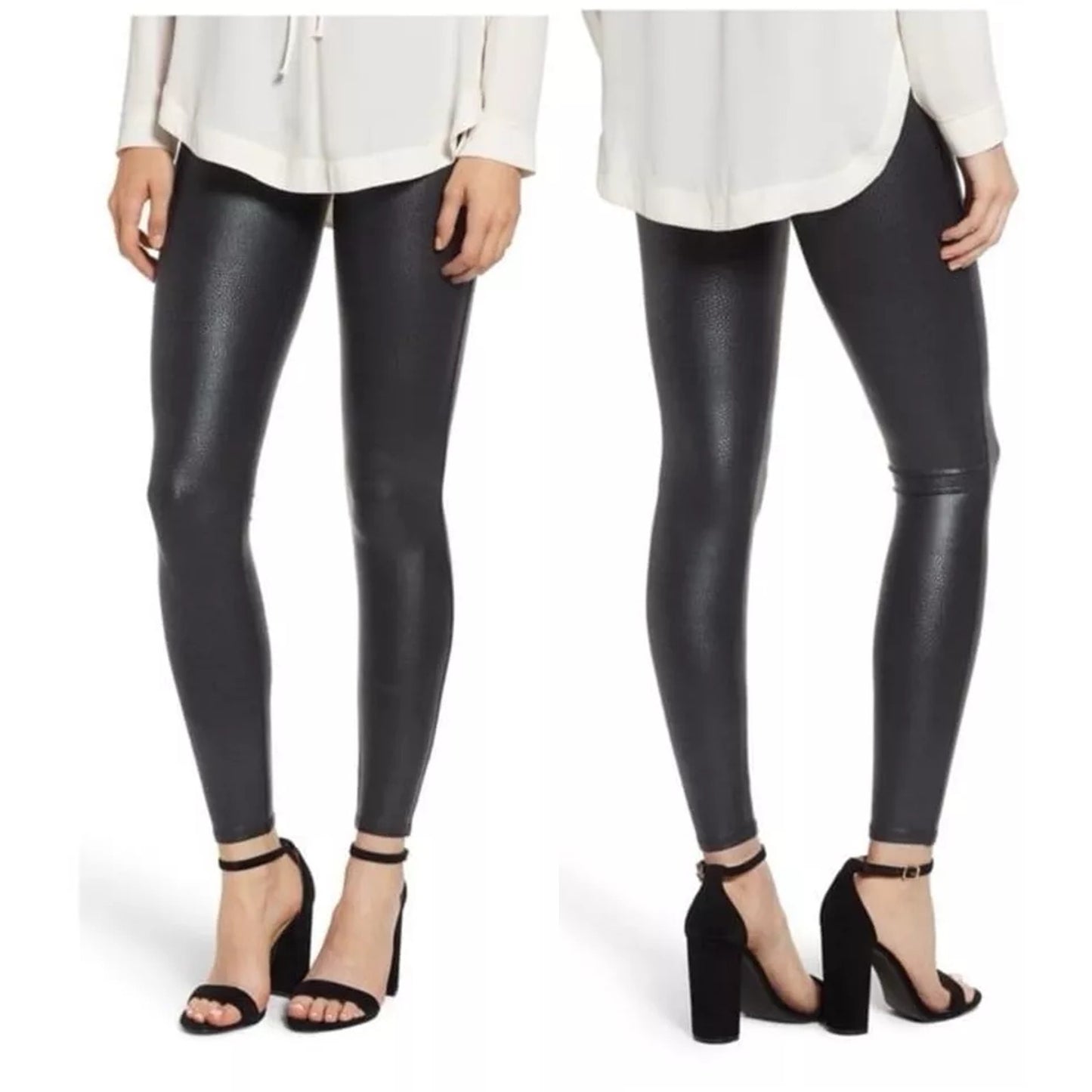 Spanx High Rise Compression Faux Leather Leggings Black Large Petite